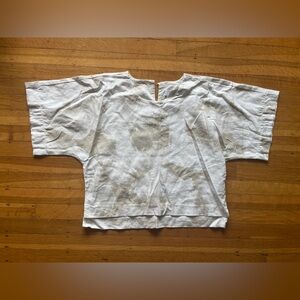 DKNY pure tan beige linen top blouse boxy Japanese cut brushstroke S M abstract